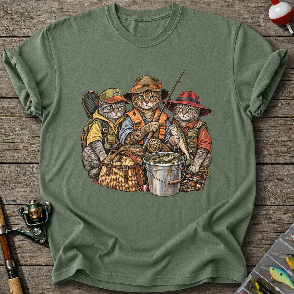 Three Fishing Cats with Rod and Catch Vintage Graphic T-Shirt