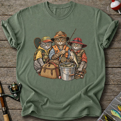 Three Fishing Cats with Rod and Catch Vintage Graphic T-Shirt