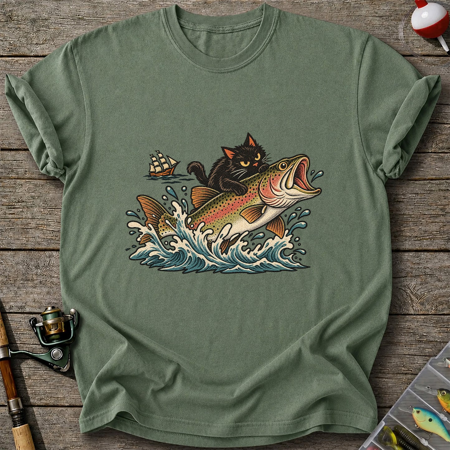 Black Cat Riding a Trout Ocean Wave Fishing Graphic T-Shirt
