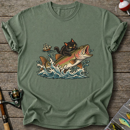 Black Cat Riding a Trout Ocean Wave Fishing Graphic T-Shirt