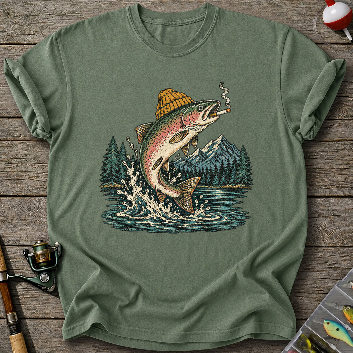 Rainbow Trout in Beanie Smoking and Jumping from Lake Graphic T-Shirt