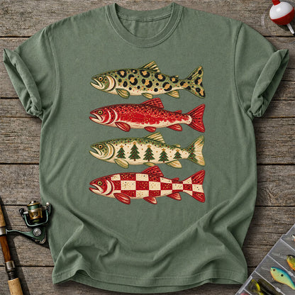 Four Seasonal Trout Patterns Christmas Fishing Graphic T-Shirt