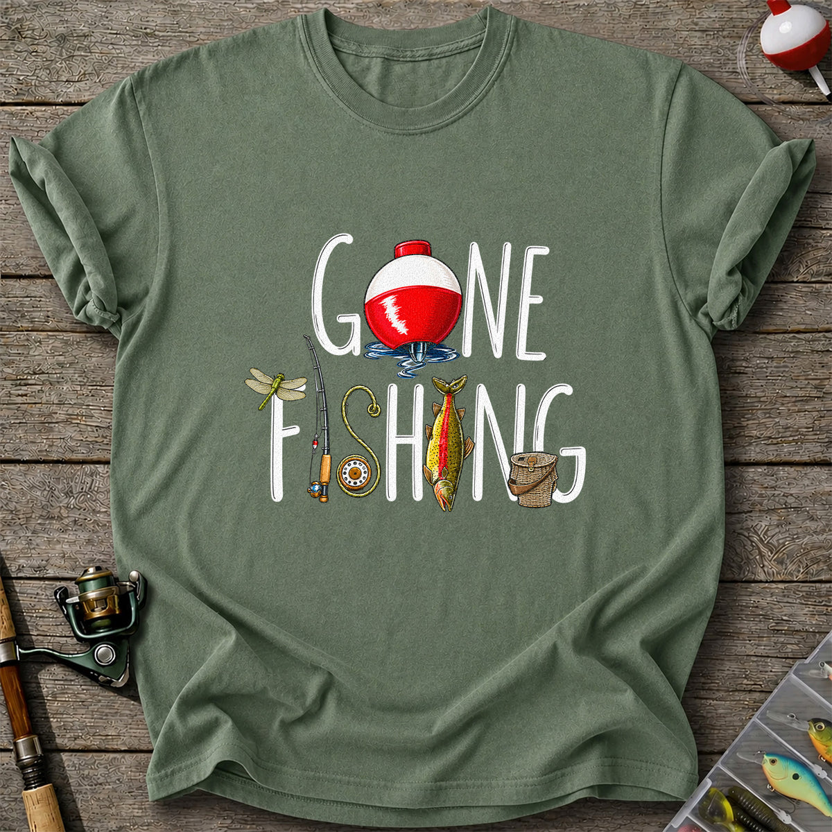Gone Fishing Bobber Rod and Lure Graphic T-Shirt