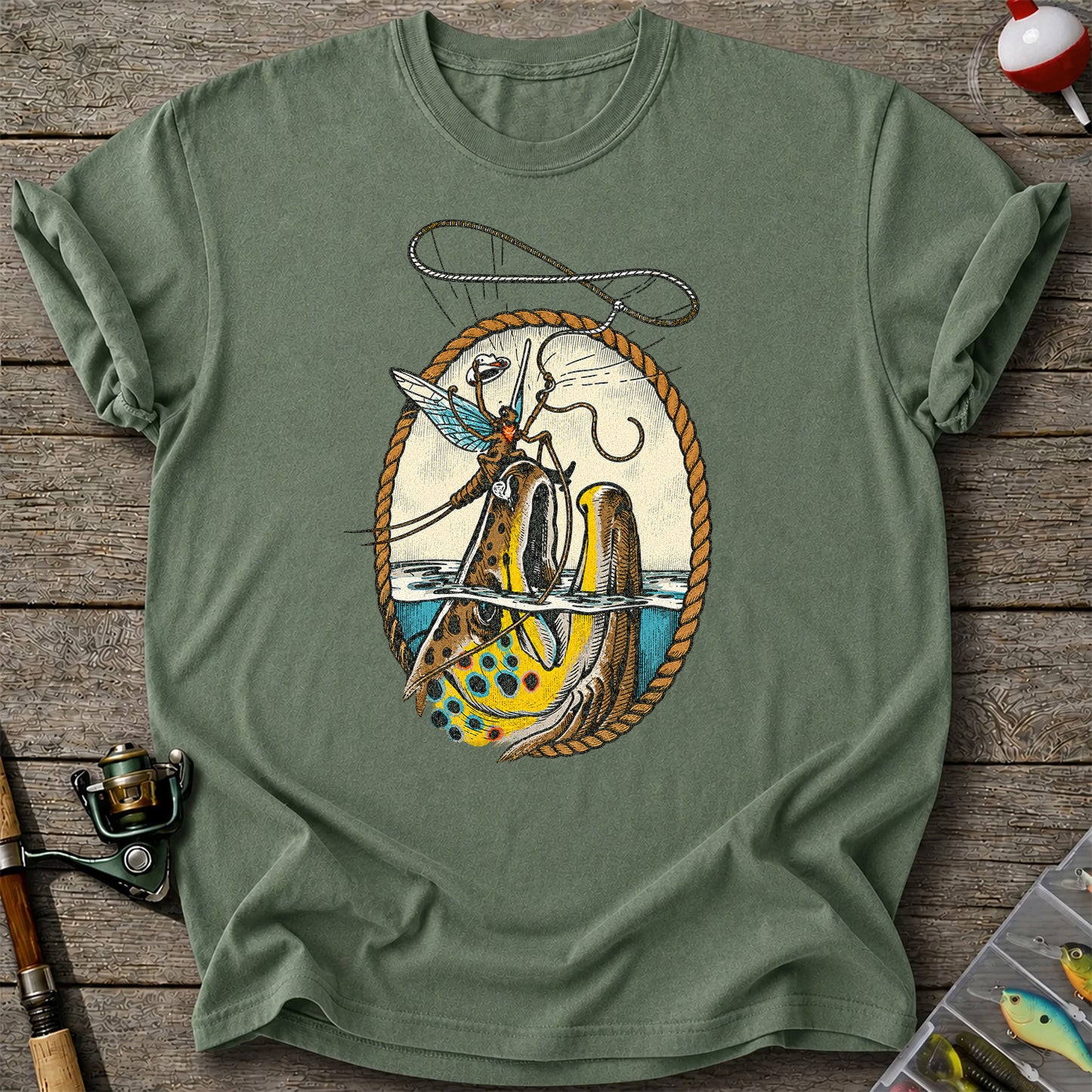 Brown Trout and Winged Fly Angler Vintage Fishing Graphic T-Shirt