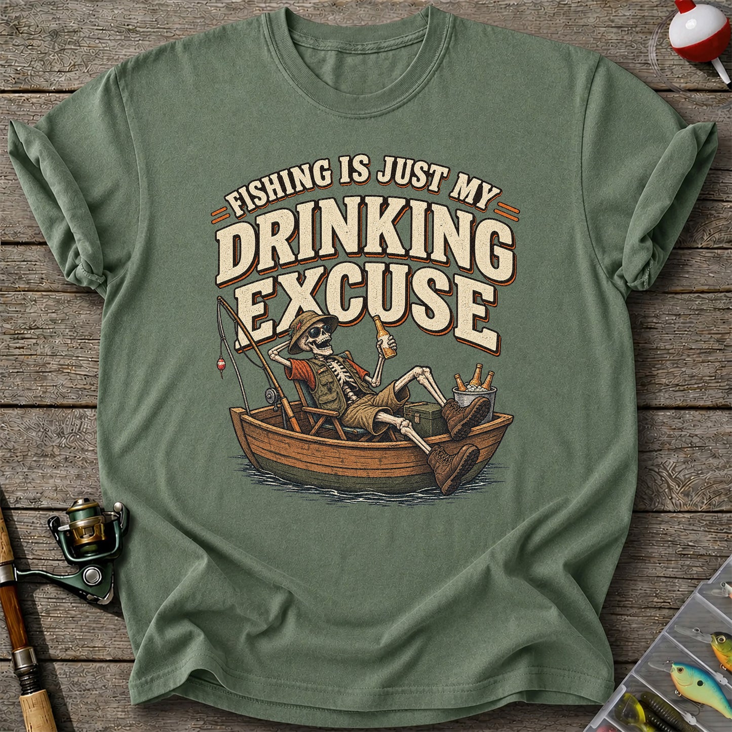 Fishing Is Just My Drinking Excuse Skeleton Angler T-Shirt