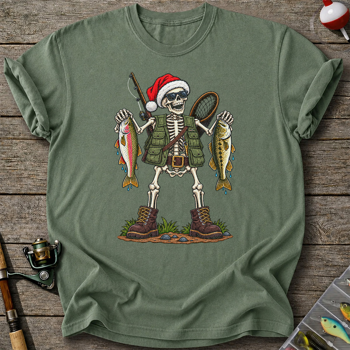 Santa Hat Skeleton Holding Trout and Bass Christmas Fishing T-Shirt