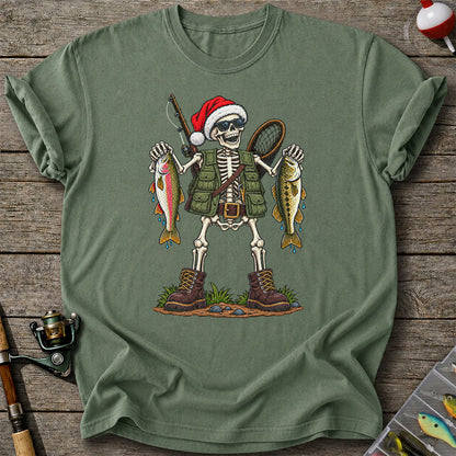 Santa Hat Skeleton Holding Trout and Bass Christmas Fishing T-Shirt