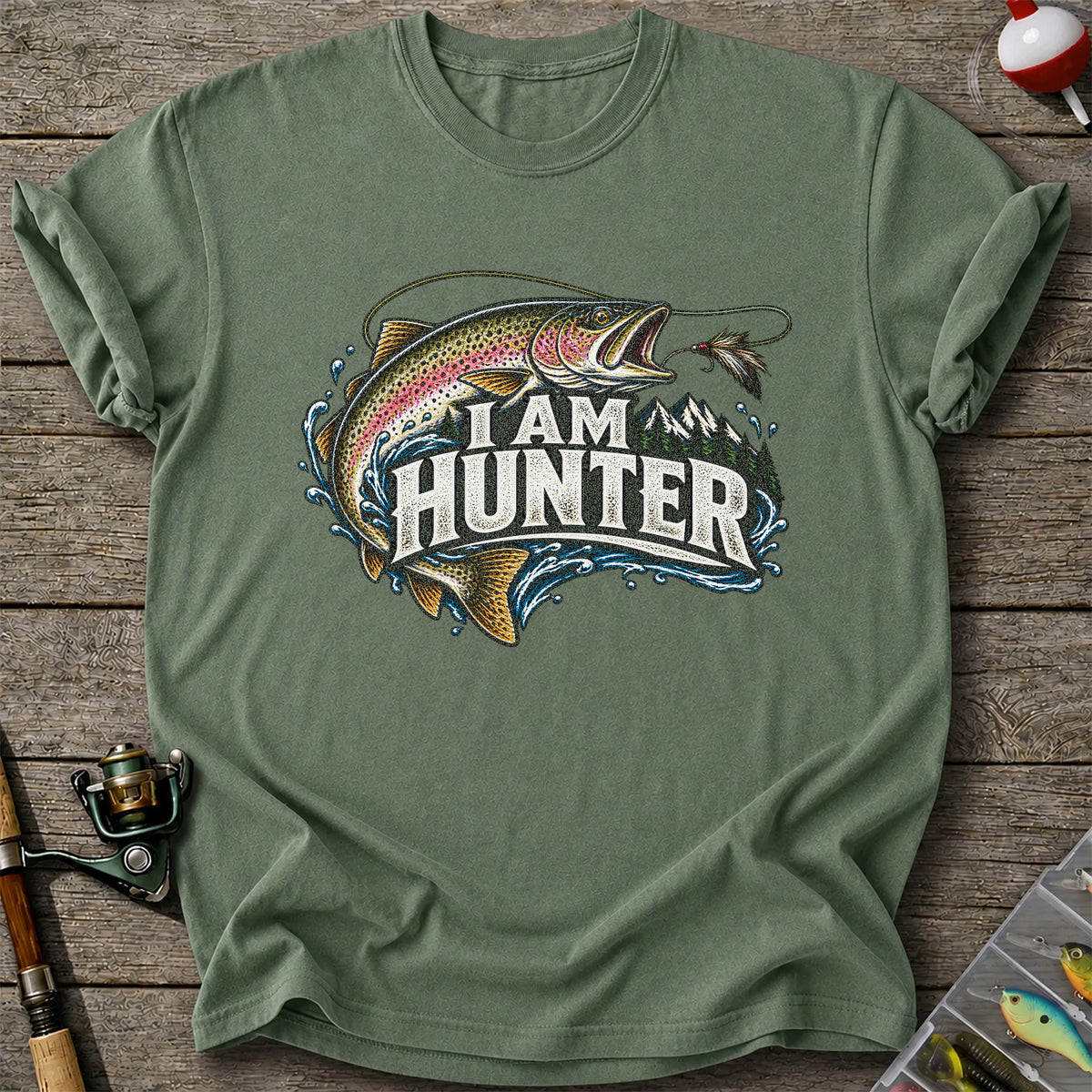 I Am Hunter Rainbow Trout Fly Fishing Mountain Graphic T-Shirt