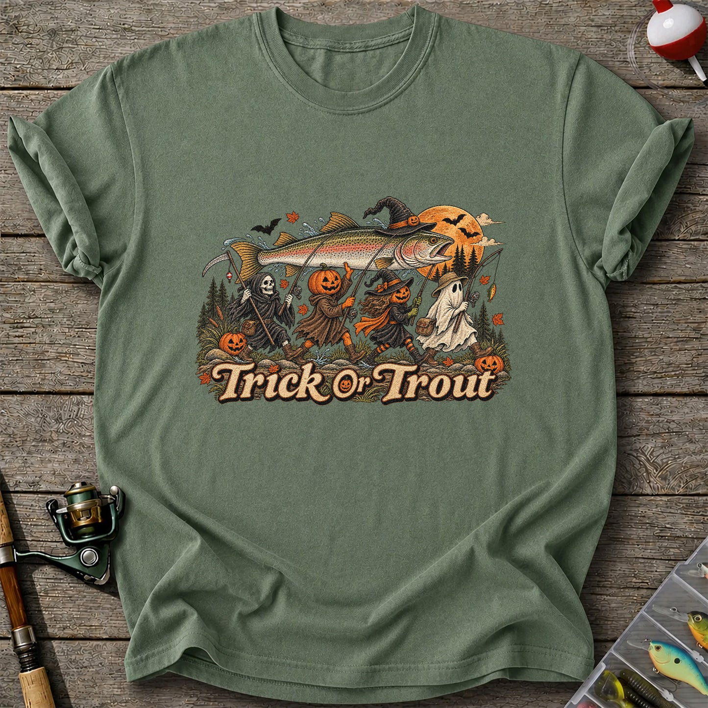Trick or Trout Spooky Angler Parade Halloween Fishing T-Shirt