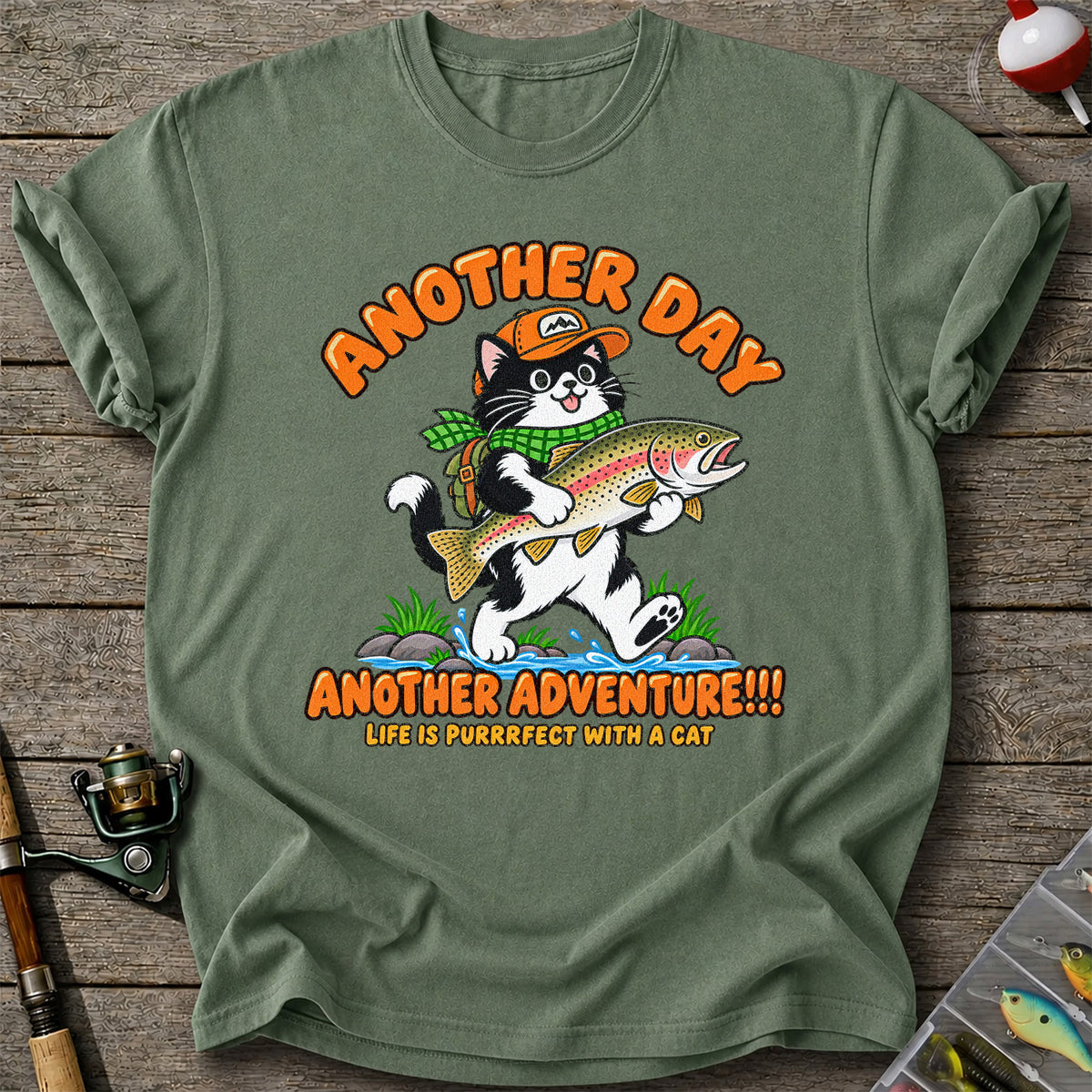 Another Day Another Adventure Cat and Trout Fishing Graphic T-Shirt