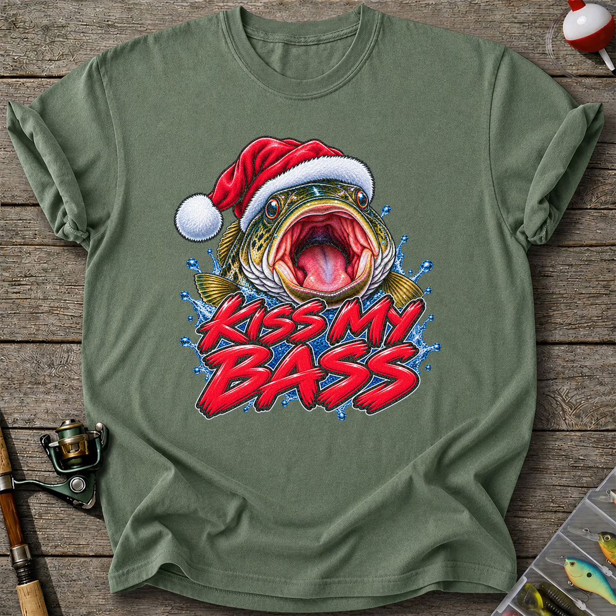 Kiss My Bass Santa Hat Funny Christmas Fishing T-Shirt