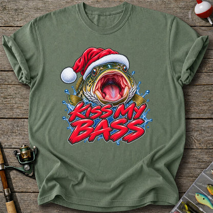 Kiss My Bass Santa Hat Funny Christmas Fishing T-Shirt