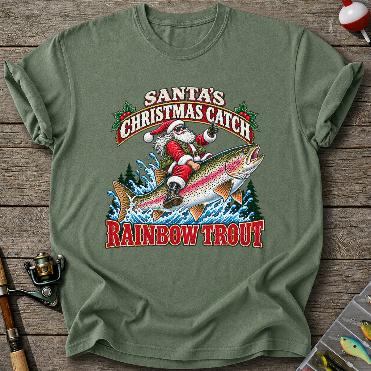 Santa's Christmas Catch Rainbow Trout Fishing T-Shirt