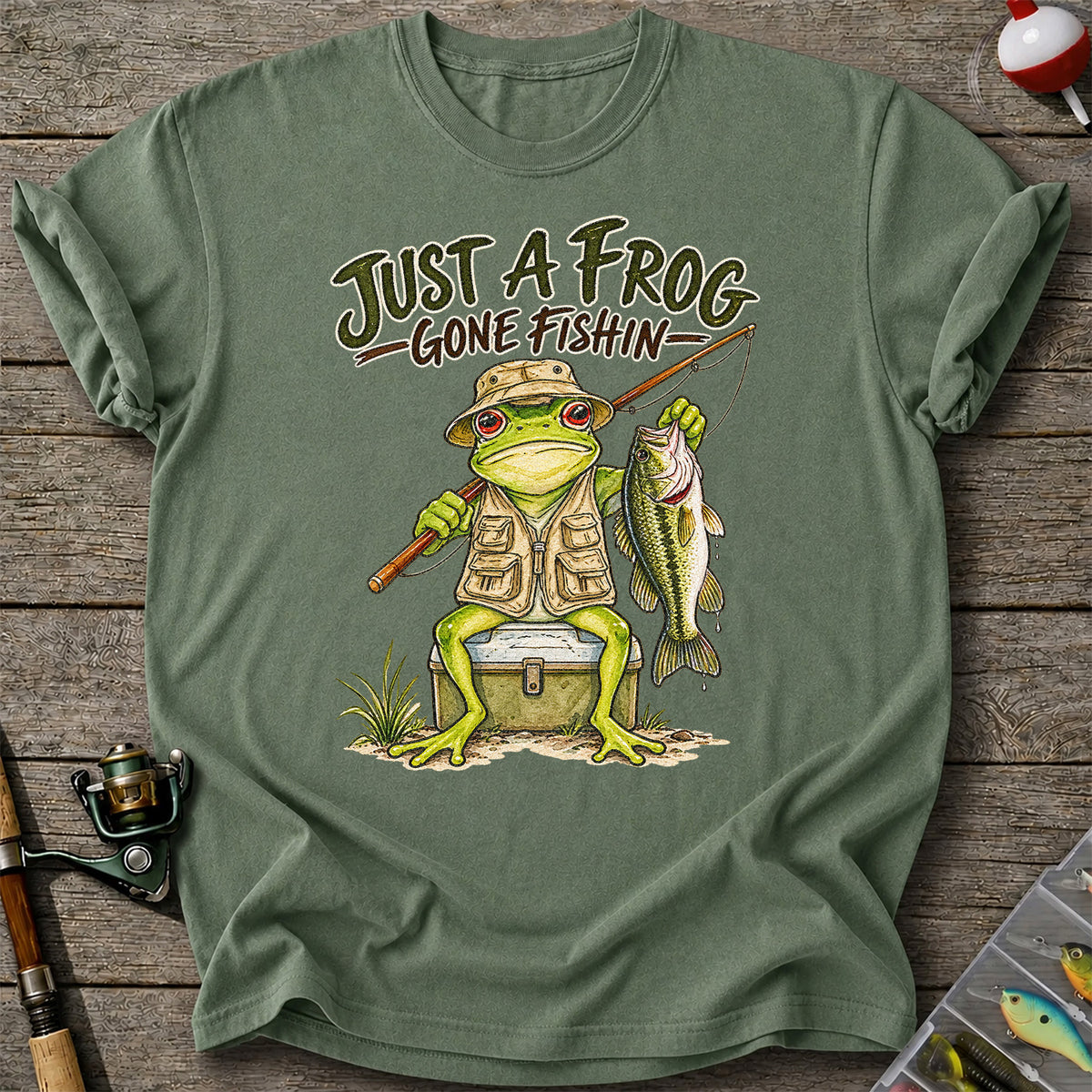 Just a Frog Gone Fishin' Bass Fishing Graphic T-Shirt
