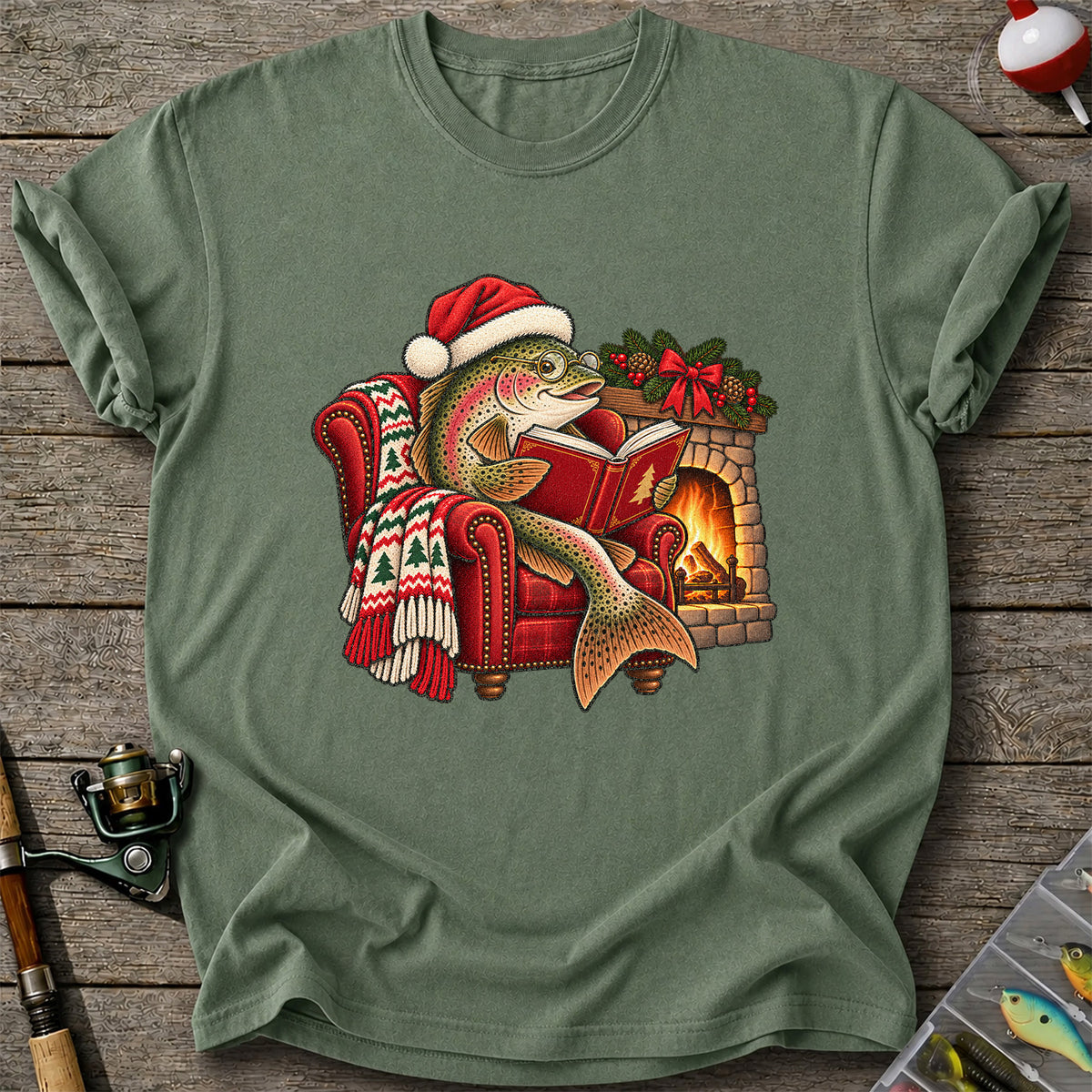 Christmas Trout Reading by the Fireplace Fishing T-Shirt