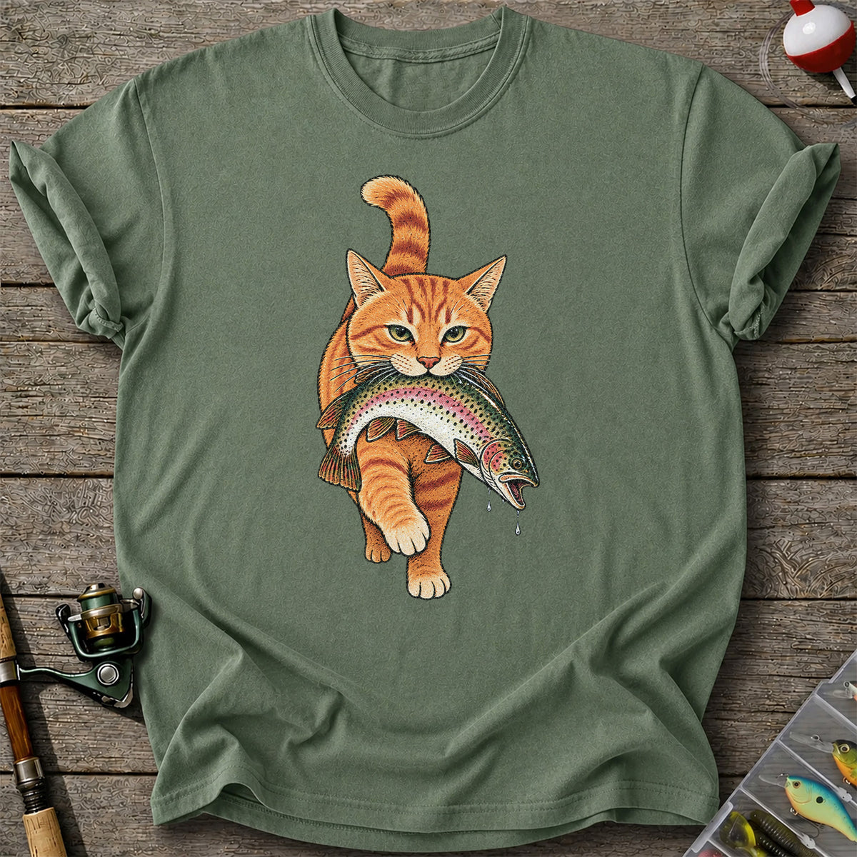 Cat Holding Trout Funny Fishing Graphic T-Shirt