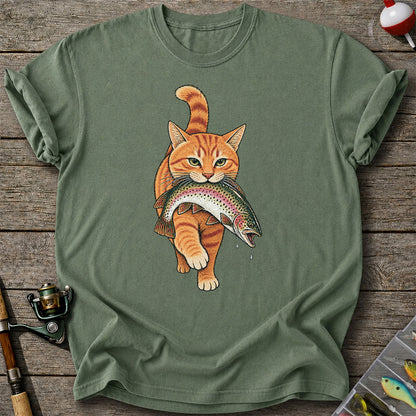 Cat Holding Trout Funny Fishing Graphic T-Shirt