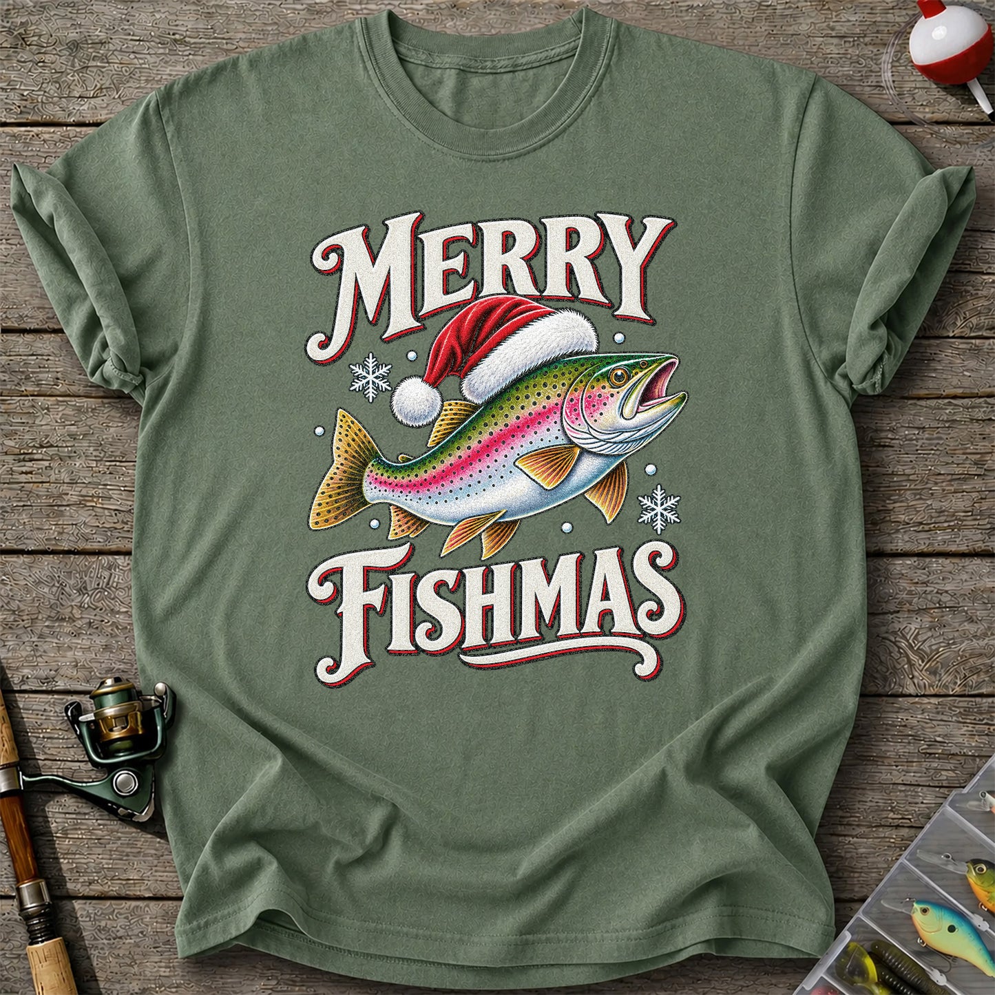 Merry Fishmas Rainbow Trout in a Santa Hat Christmas Fishing T-Shirt