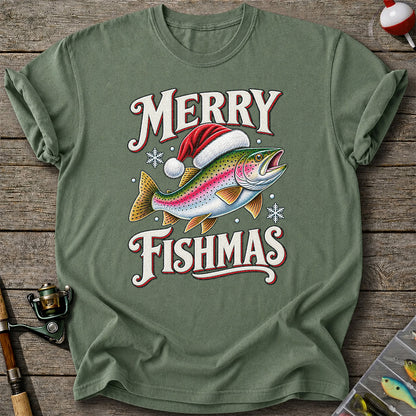 Merry Fishmas Rainbow Trout in a Santa Hat Christmas Fishing T-Shirt