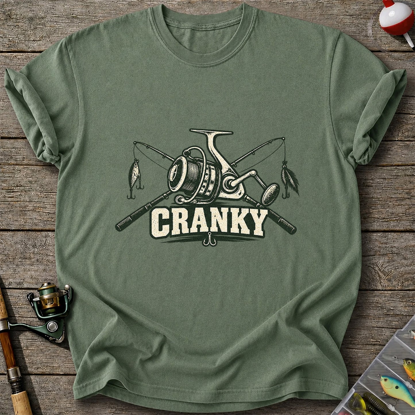 Cranky Fishing Reel and Crossed Rods Graphic T-Shirt