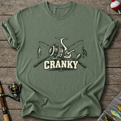 Cranky Fishing Reel and Crossed Rods Graphic T-Shirt