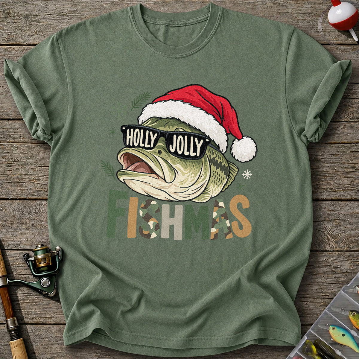 Bass Wearing Santa Hat and Holiday Glasses Fishing Graphic T-Shirt