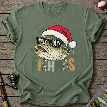 Bass Wearing Santa Hat and Holiday Glasses Fishing Graphic T-Shirt