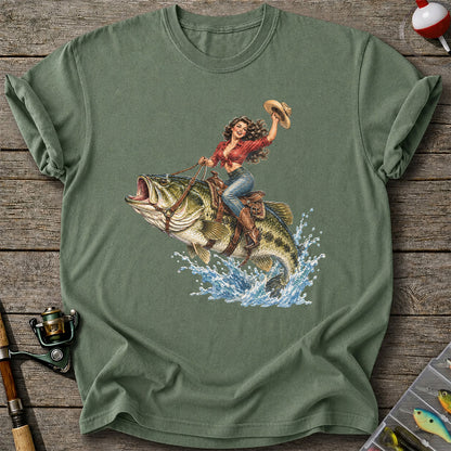 Vintage Cowgirl Riding a Largemouth Bass Fishing Graphic T-Shirt