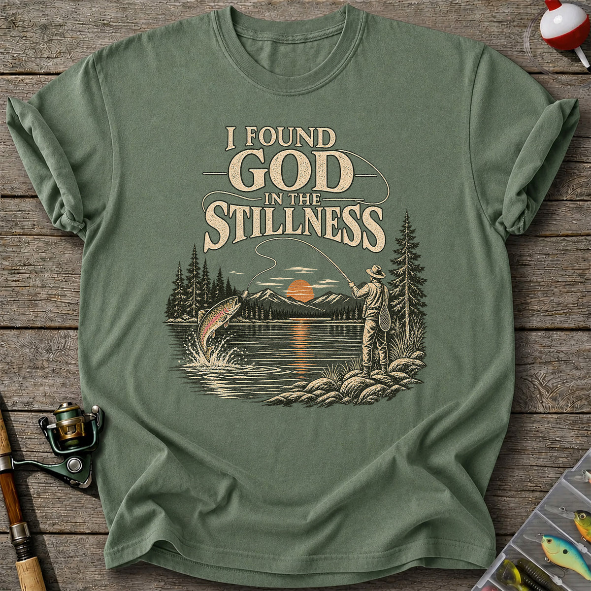 I Found God in the Stillness Trout Fly Fishing Sunset T-Shirt