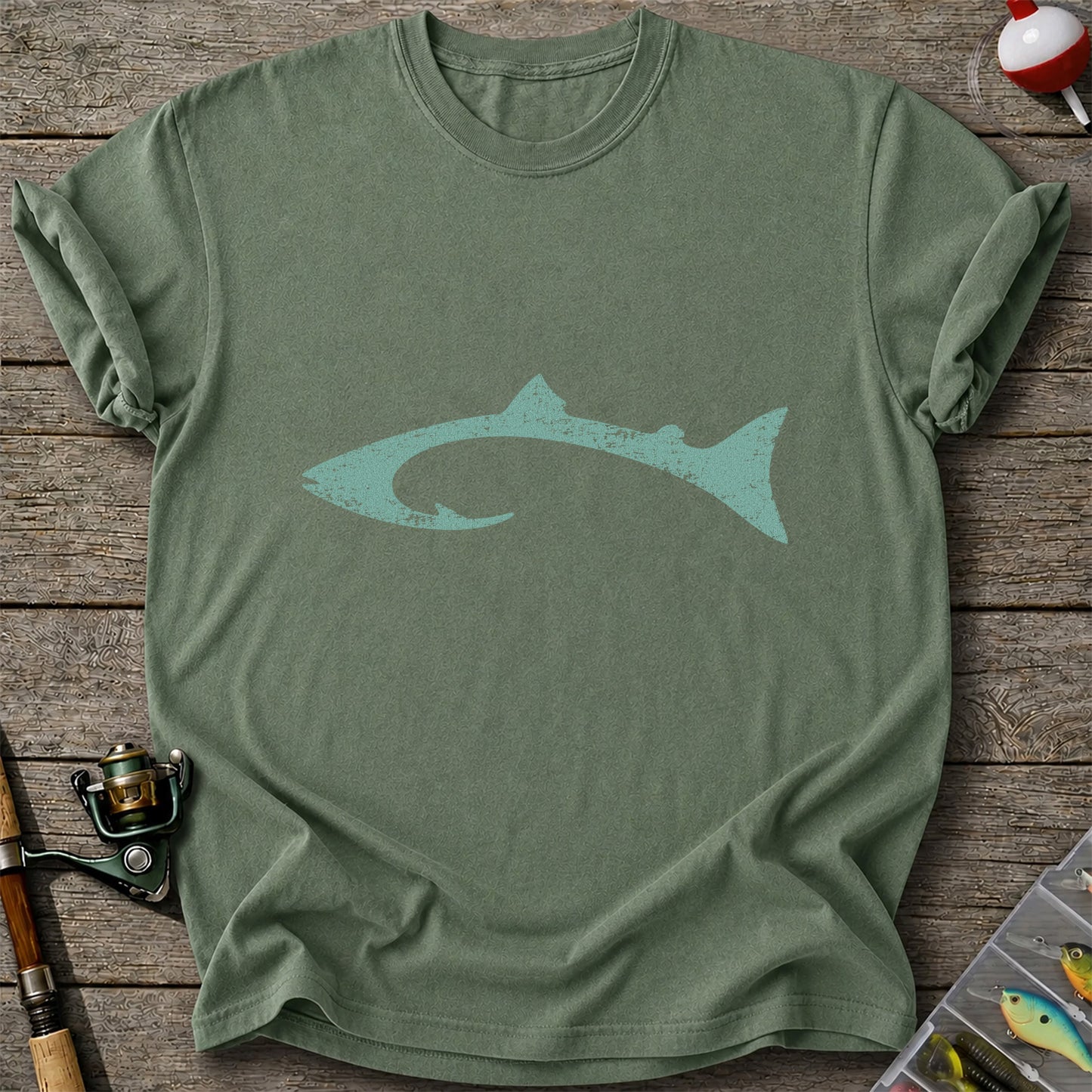 Distressed Salmon Fish Hook Silhouette Fishing T-Shirt