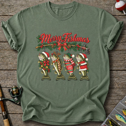 Merry Fishmas Christmas Bass Fishing Graphic T-Shirt