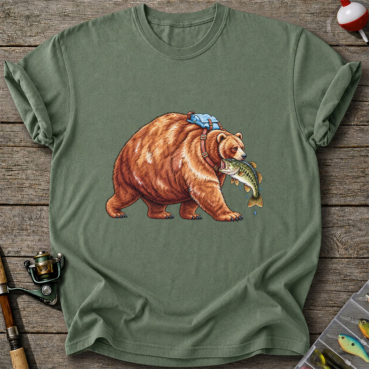 Bear Carrying Bass Fishing Wildlife Graphic T-Shirt