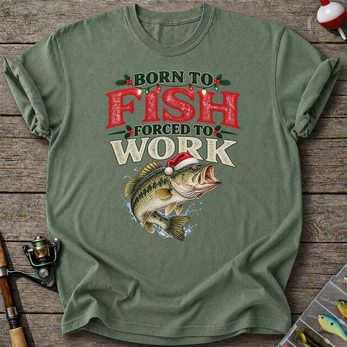 Born to Fish Forced to Work Christmas Largemouth Bass Graphic T-Shirt