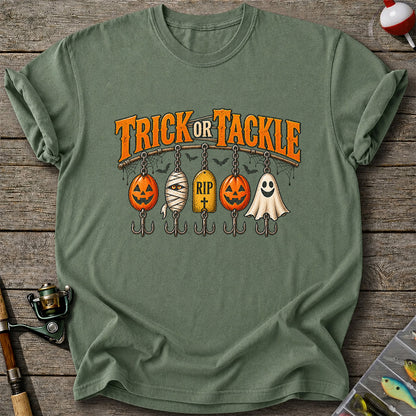 Trick or Tackle Pumpkin Ghost and Mummy Fishing Lures Halloween T-Shirt