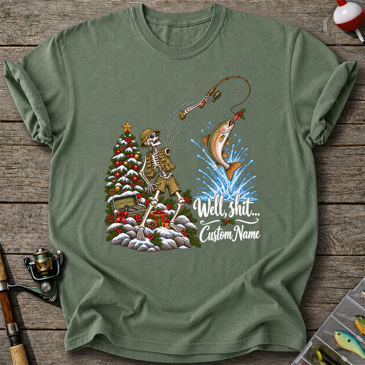 Skeleton Angler Christmas Fishing Personalized Graphic T-Shirt