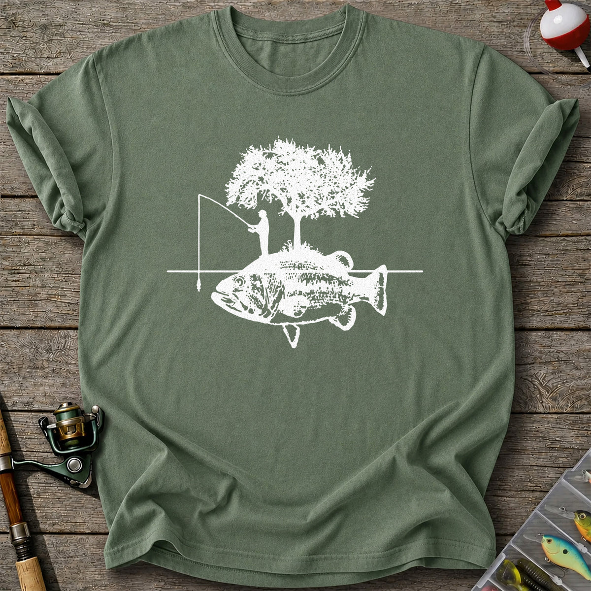 Fish and Tree Silhouette Fishing Graphic T-Shirt