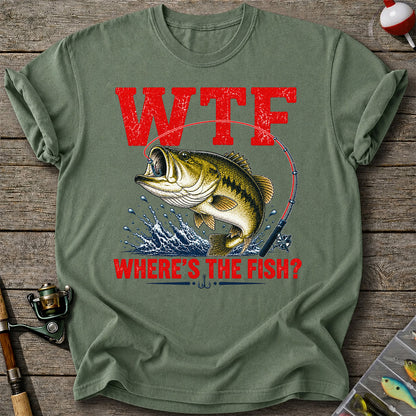 WTF Where's the Fish Largemouth Bass Funny Fishing T-Shirt
