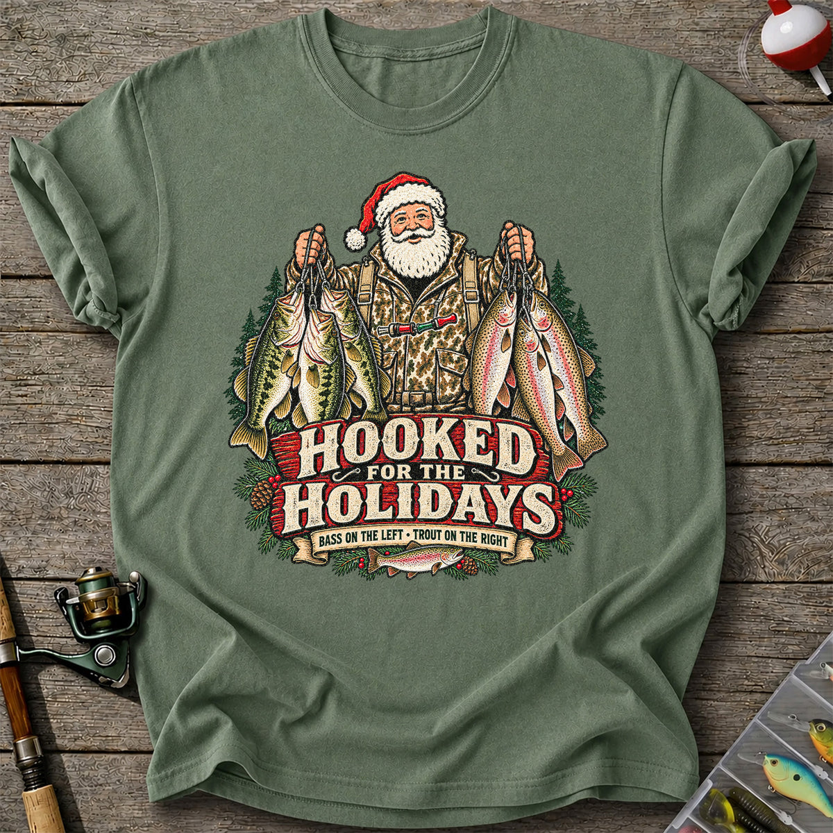 Hooked for the Holidays Bass on the Left Trout on the Right Santa Christmas Fishing T-Shirt
