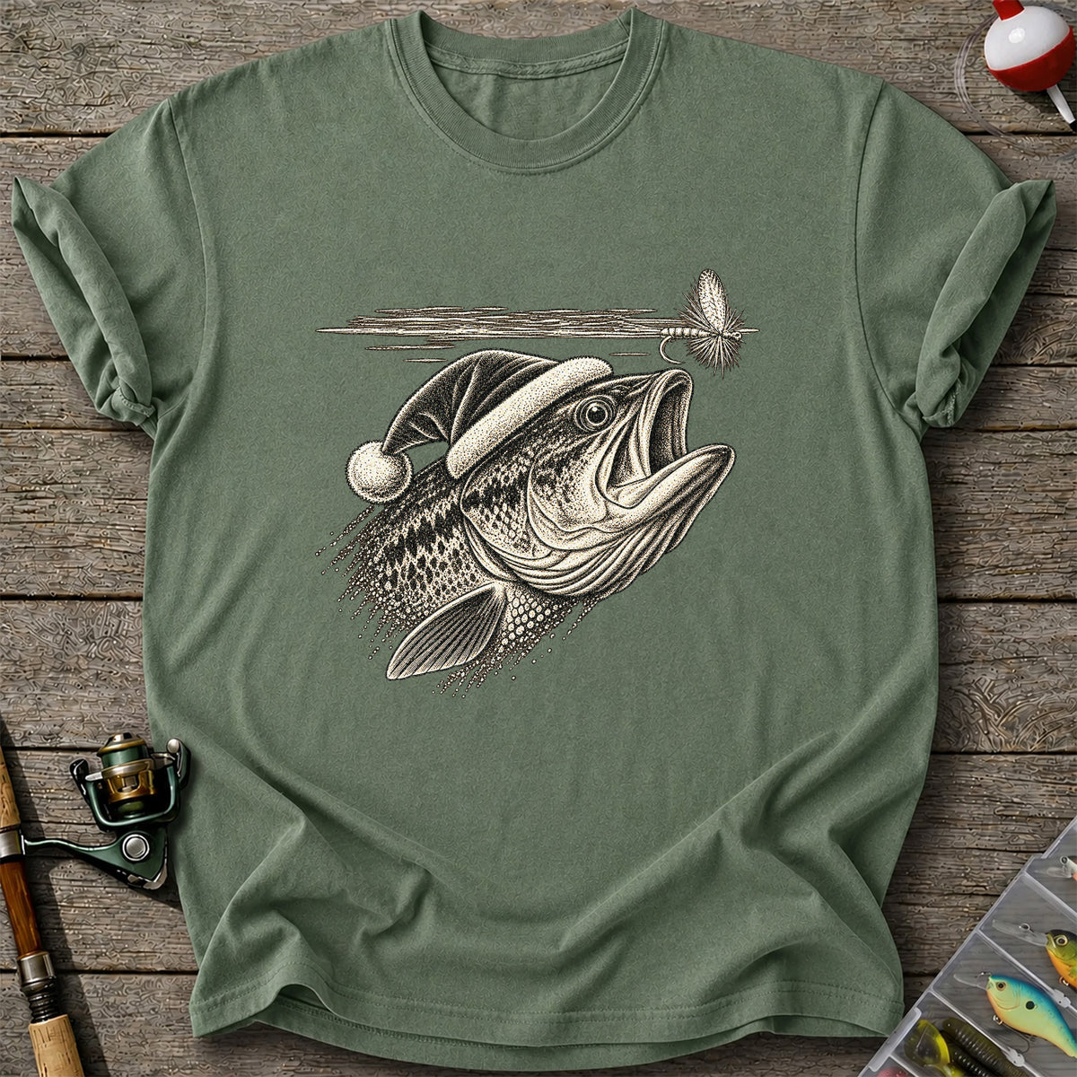 Santa Hat Bass Chasing a Fishing Fly Graphic T-Shirt