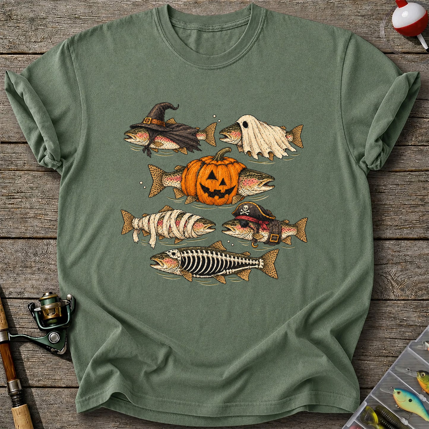 Rainbow Trout Halloween Costumes Witch Ghost Pumpkin Mummy Pirate Skeleton Fishing T-Shirt