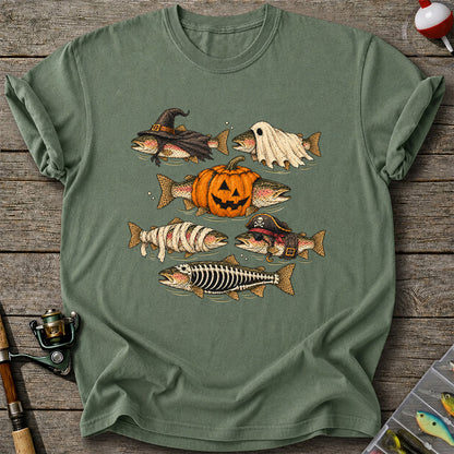 Rainbow Trout Halloween Costumes Witch Ghost Pumpkin Mummy Pirate Skeleton Fishing T-Shirt