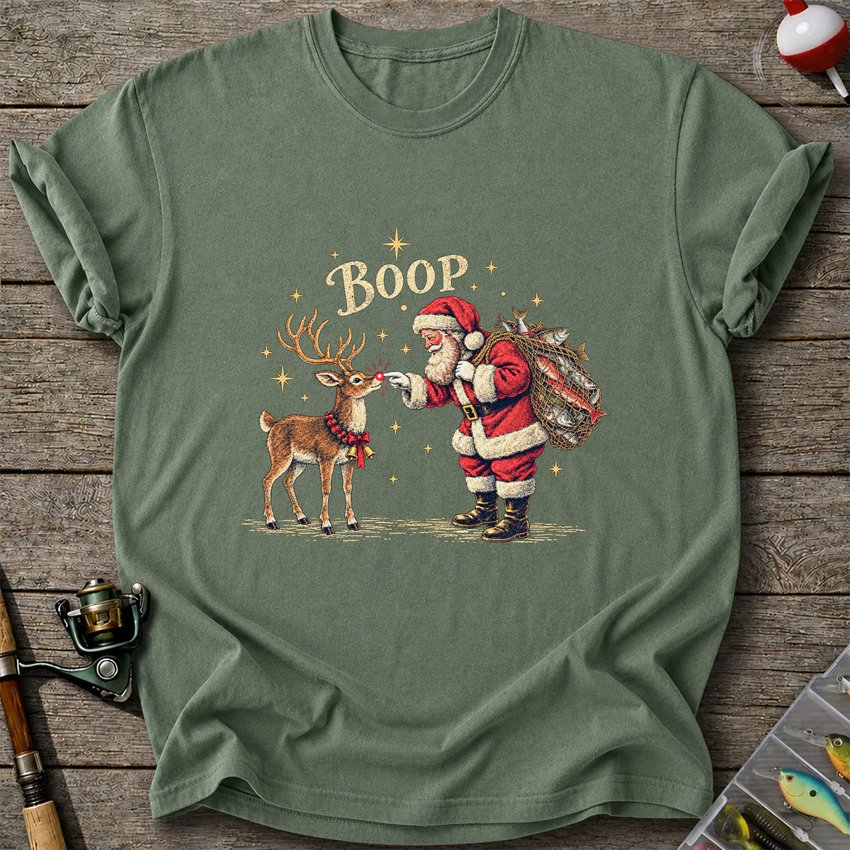 Santa and Reindeer Fishing Christmas Graphic T-Shirt