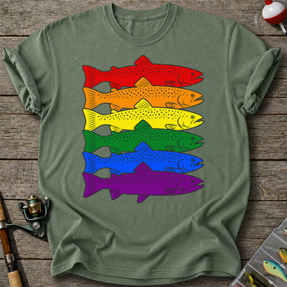 Rainbow Colored Trout Stack Fishing Graphic T-Shirt