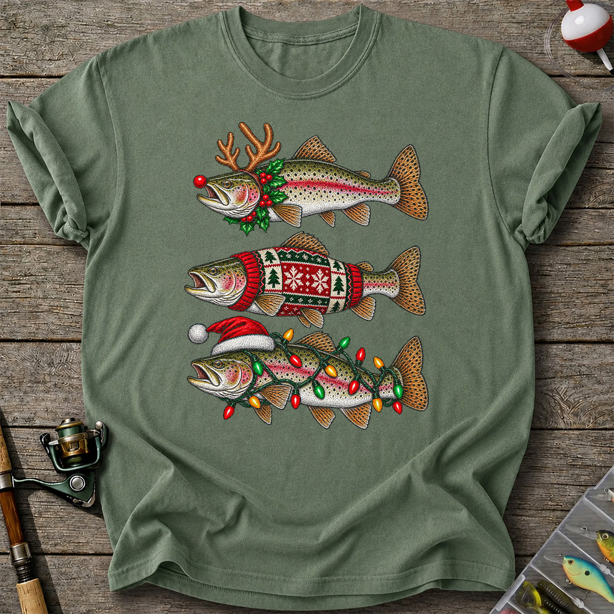 Christmas Trout Antlers Sweater and Lights Fishing T-Shirt