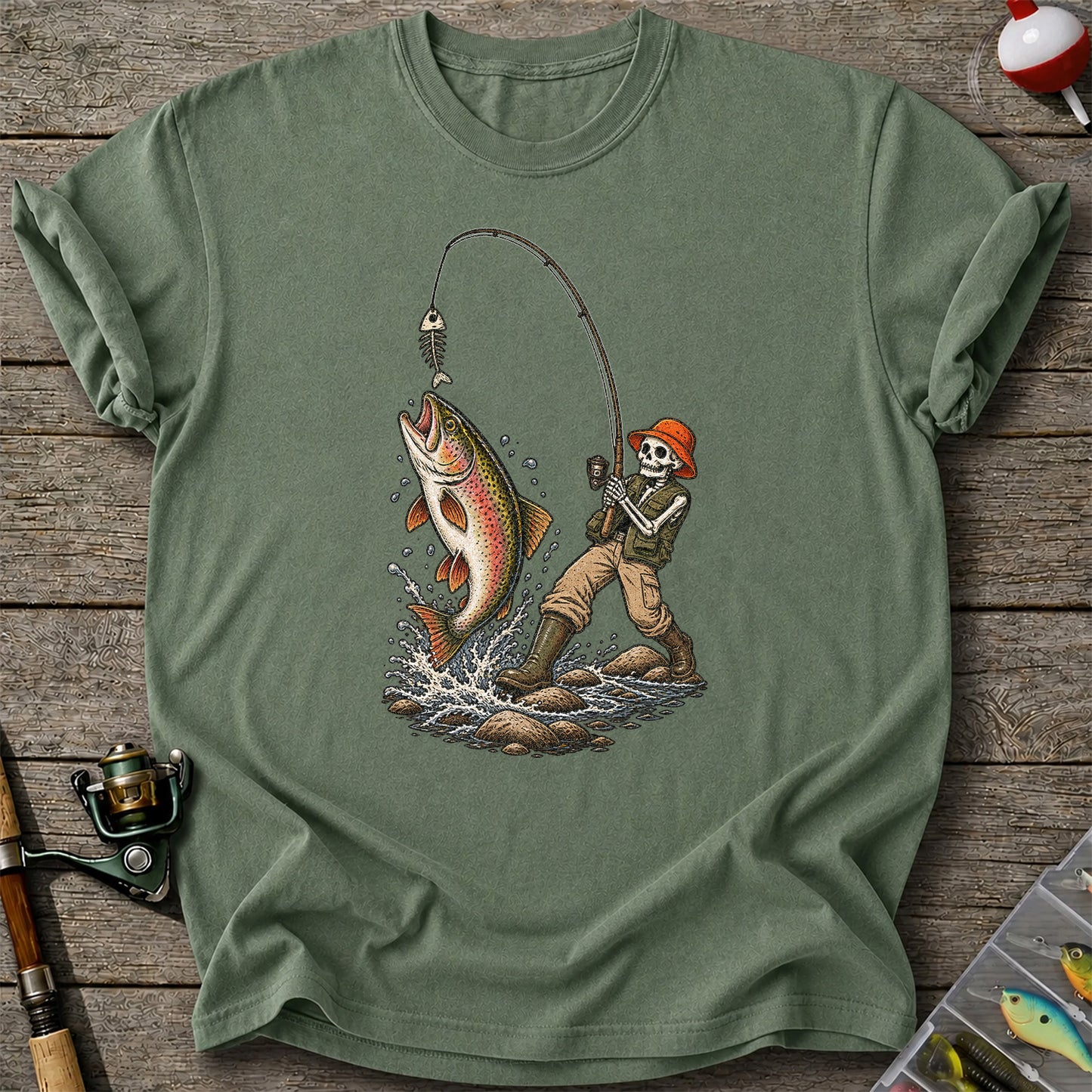 Skeleton Angler Catching Trout Dark Humor Fishing T-Shirt