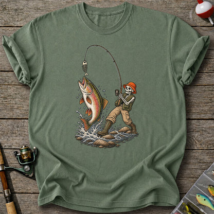 Skeleton Angler Catching Trout Dark Humor Fishing T-Shirt