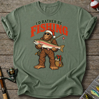 I'd Rather Be Fishing Bigfoot Holding Rainbow Trout Christmas T-Shirt