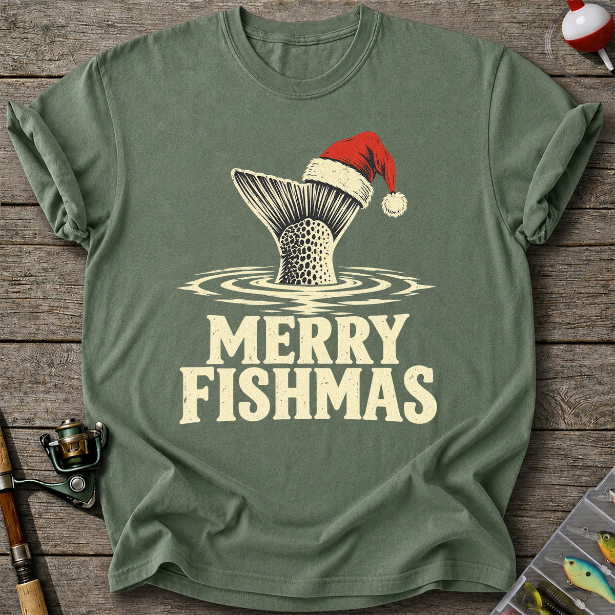 Merry Fishmas Santa Hat Trout Fishing Graphic T-Shirt