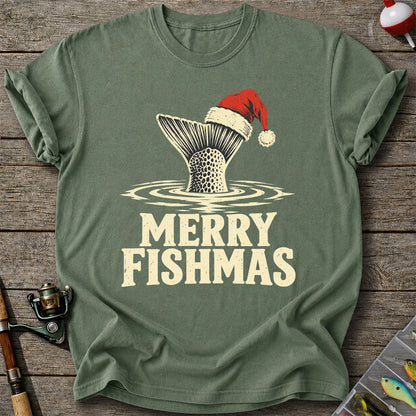 Merry Fishmas Santa Hat Trout Fishing Graphic T-Shirt