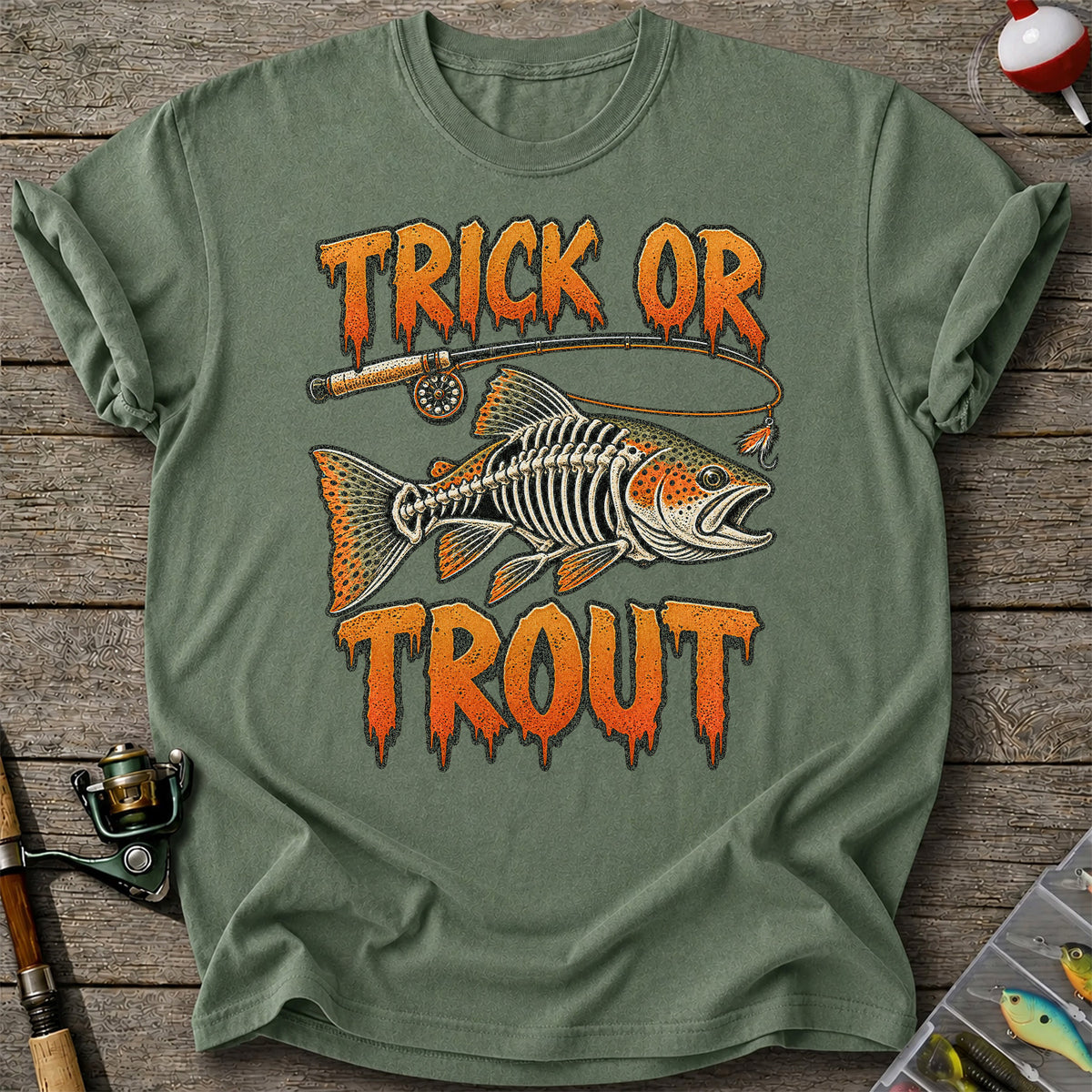 Trick or Trout Skeleton Trout Halloween Fly Fishing T-Shirt